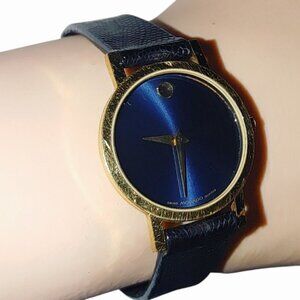 Movado Museum Watch Gold Black Blue Dial Leather Strap 87 A1 832 Minimalist